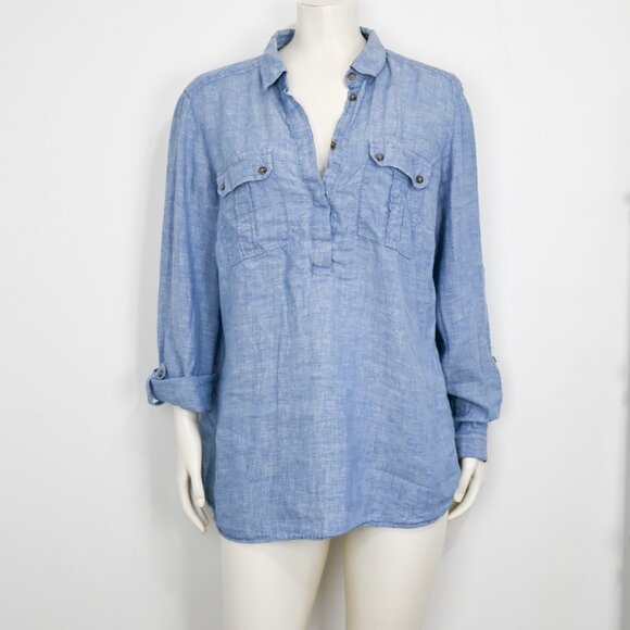 PURE LINEN Half Button Down Roll Tab Long Sleeve Shirt Quarter Sleeve Denim Blue - Picture 2 of 4